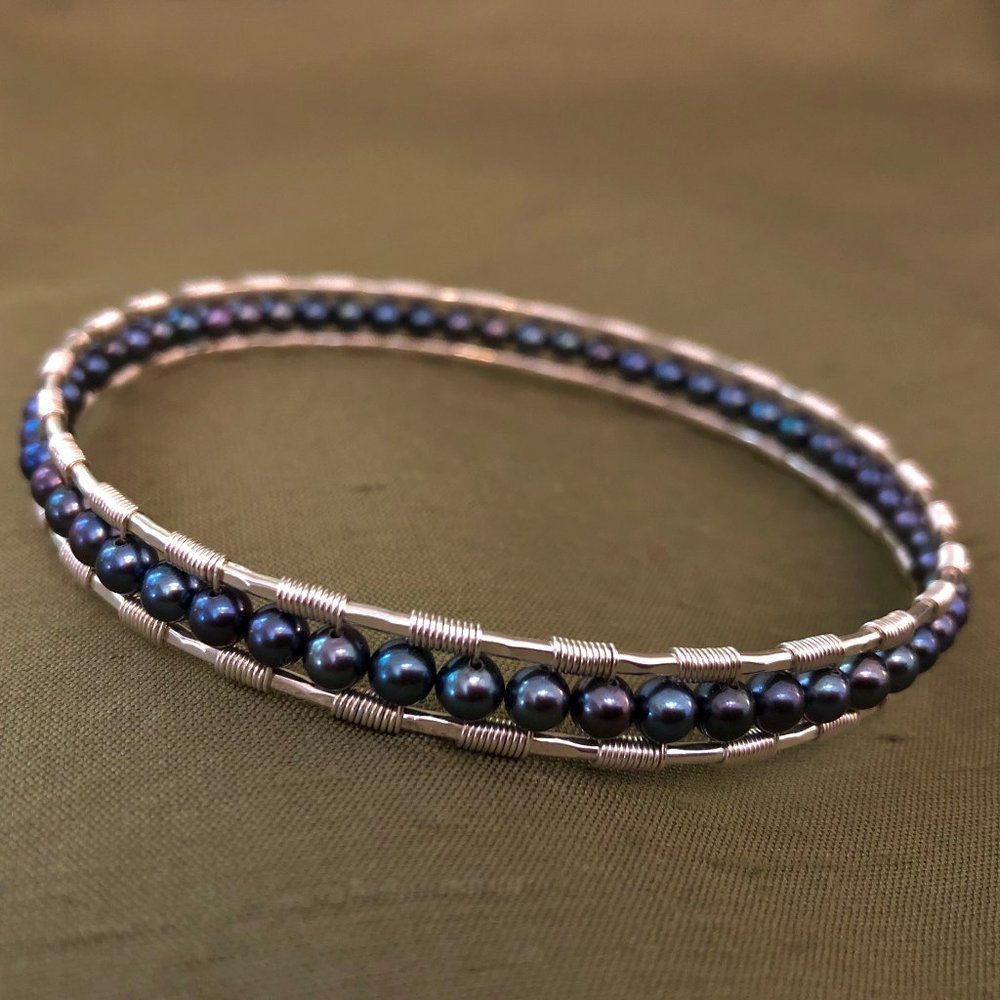 Black Pearl Silver Bangle Bracelet Handmade